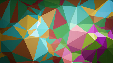 Fototapeta premium geometric background in a low-poly style. It features a mosaic of interlocking triangles in a vibrant, earth-toned palette including forest green, terracotta, mustard yellow, teal, and magenta. Subtle