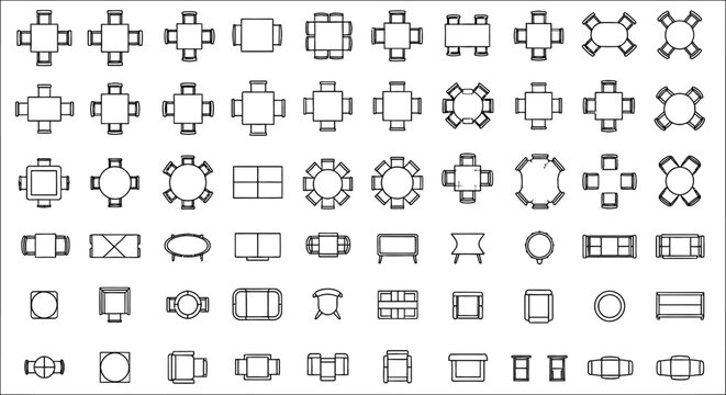 architectural symbols illustrating diverse furniture layout for various tables and chairs perfect for interior design floor plans and space planning.