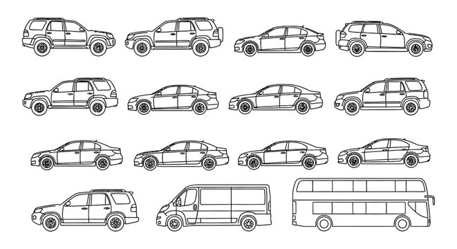 collection of various car and bus outlines in a clean vector art style
