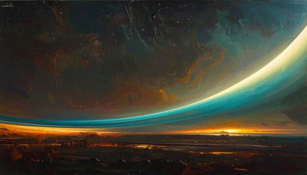 Illustration num&eacute;rique d'une plan&egrave;te extraterrestre avec un arc de lumi&egrave;re turquoise majestueux surplombant un paysage d&eacute;sertique au cr&eacute;puscule.