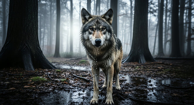 A wet wolf stands in a rainy forest with trees and puddles on the ground.