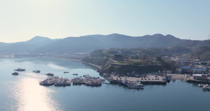 Aerial Drone Footage of Peaceful Ocheon Port and Chungcheong Suyeongseong Fortress, Boryeong, South Korea