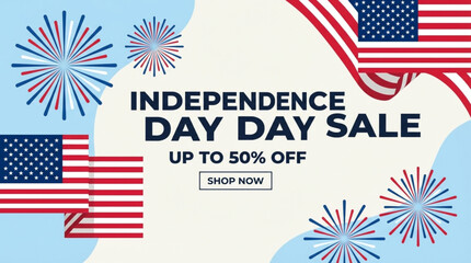 Obraz premium A vibrant Independence Day sale advertisement with patriotic American flags and fireworks on a light blue background
