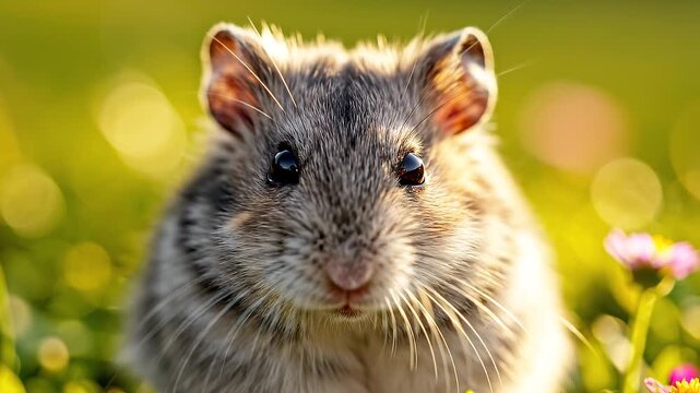 自然光に包まれてこちらを見つめるかわいい野ねずみのアップ