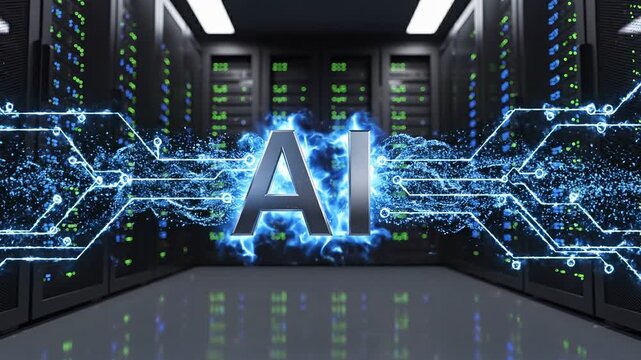 Futuristic ai logo animation with glowing blue digital effects in data center 4k video