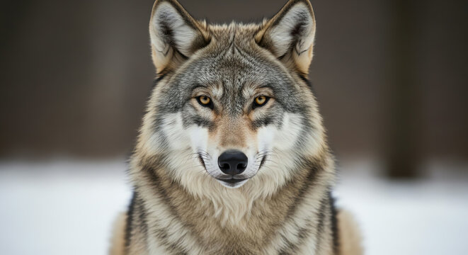 A wolf sits in snowy landscape looking directly ahead with alert expression.