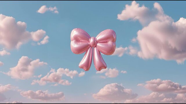 Glossy pink bow floating among soft clouds in blue sky, whimsical minimal concept of gift, celebration and dreamy aesthetic