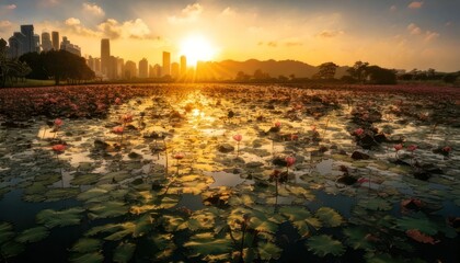 Fototapeta premium Golden Hour Over Shenzhen - A Serene Landscape of Lotus Pond and Cityscape.