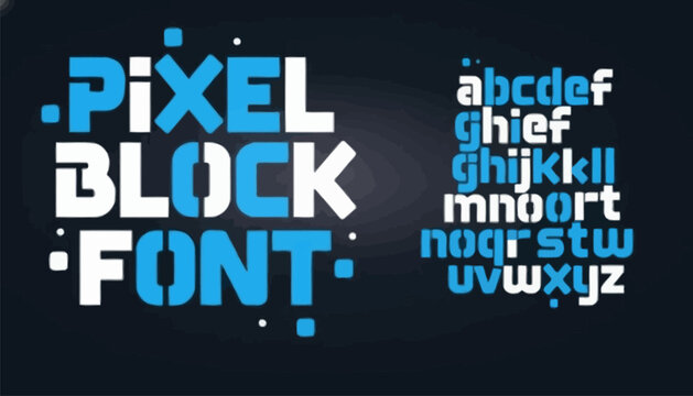 Pixel block font typography with alphabet letters on dark background for design
