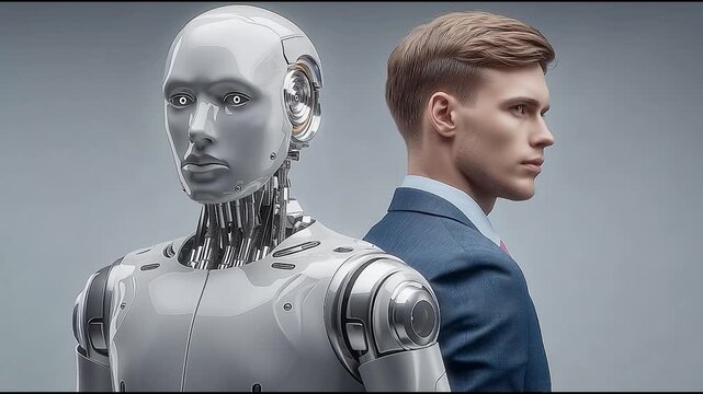 Side by side portrait of human and humanoid robot facing opposite directions, concept of artificial intelligence and human identity with clean minimal background