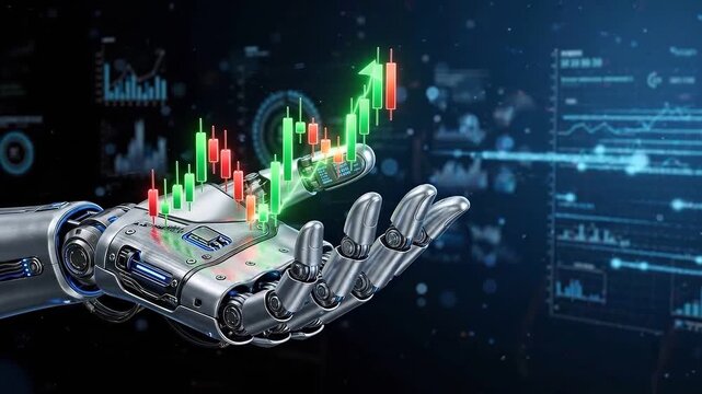Algorithmic trading robot hand holding candlestick chart with market data analysis, digital dashboard technology concept for finance market analysis, algorithmic trading finance chart data analysis