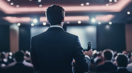 Naklejka premium A man in a suit stands confidently at the front of a crowded conference room holding a microphone