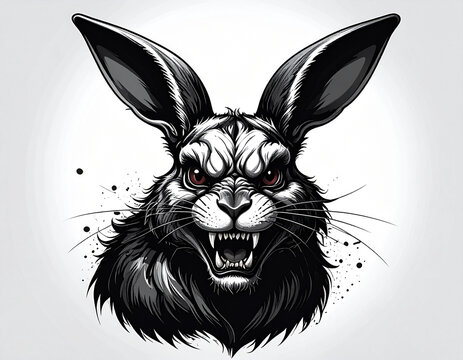 A menacing demon rabbit with sharp teeth appears on a white background