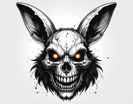 A sinister rabbit skull with glowing eyes and sharp teeth on a white background