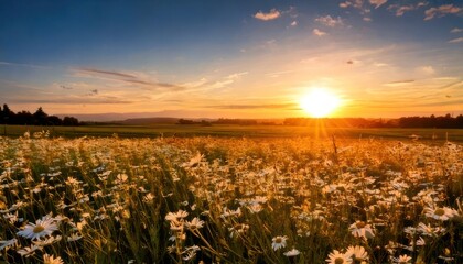 Naklejka premium Golden Hour Serenity - Daisies in a Field Bathed in Sunset Light.
