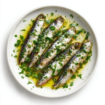 Boquerones en vinagre with marinated anchovies olive oil isolated on a white background