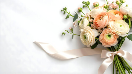 Flat lay of a luxury ranunculus bouquet tied with a champagne silk ribbon on a white background, designed for bridal invitations, Mother’s Day promotions, or high-end florist branding.