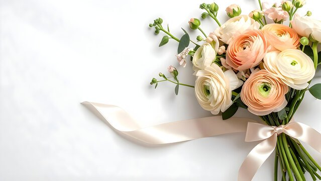 Flat lay of a luxury ranunculus bouquet tied with a champagne silk ribbon on a white background, designed for bridal invitations, Mother&rsquo;s Day promotions, or high-end florist branding.