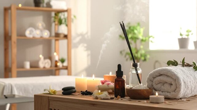 Spa setting with lit candles, incense, towels, and essential oils
