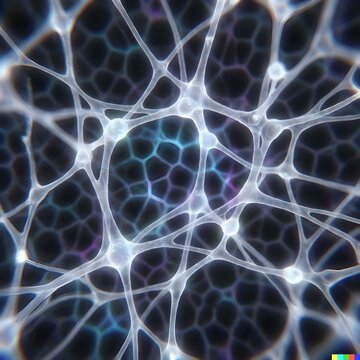 Abstract glowing neural network structure with interconnected nodes and intricate pathways on a dark background, representing complex biological or artificial intelligence systems.