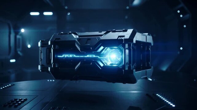 青い光エネルギーが輝くメカニカルSFポッドが浮遊する起動未来技術装置