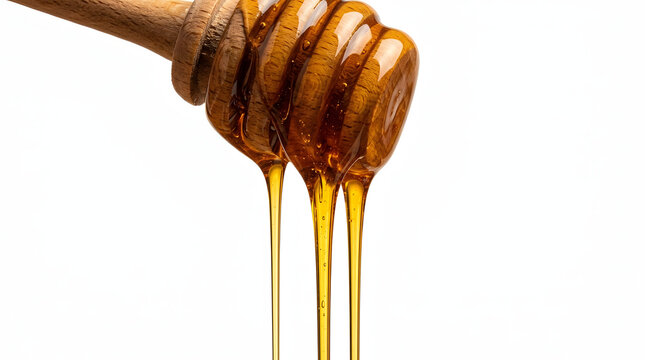 Three streams of amber honey drip from a wooden dipper against a clean white background, showcasing the liquid gold texture in vivid detail.