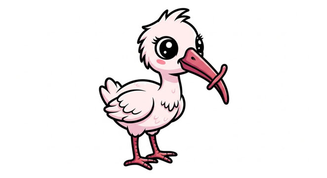 Cute cartoon baby ibis bird with long beak and pink feathers.