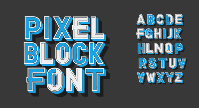 Pixel block font with blue and white letters on dark background for graphic design