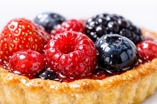 Macro de tartaleta de frutos rojos con glaseado brillante, masa dorada y luz natural cenital