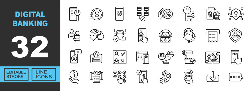 Exclusive Digital Banking line icon collection. Containing smartphone, coin, blockchain, key, fingerprint, biometrics, support, atm, balance, download. Editable stroke.