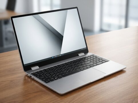 Silver laptop on wooden table modern technology and workspace productivity