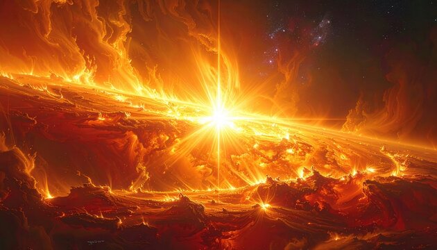 Impresionante explosi&oacute;n estelar o cataclismo c&oacute;smico con intensas flamas incandescentes y luz brillante en el espacio profundo.