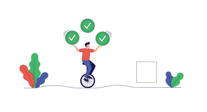 Multi tasking man riding a unicycle while juggling several checkmark symbols illustrating work life balance and efficiency in tasks.
