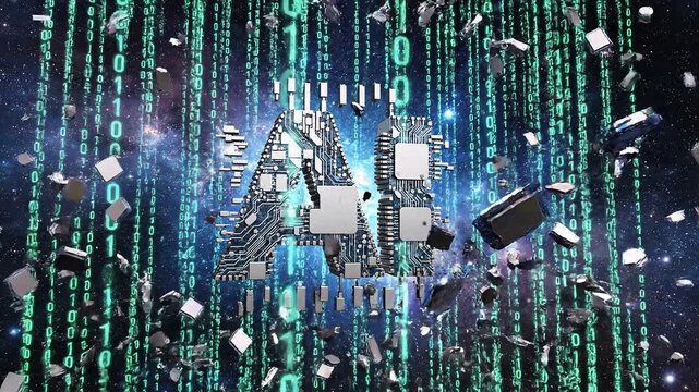 Exploding ai circuit board logo with glowing green digital data stream background 4k video