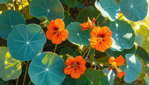 Leuchtend orangefarbene Kapuzinerkresse-Bl&uuml;ten mit runden bl&auml;ulich-gr&uuml;nen Bl&auml;ttern im sonnigen Garten als nat&uuml;rliche Hintergrundtextur.