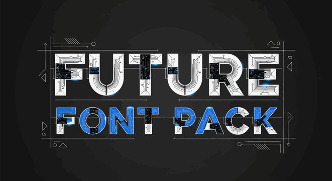 Futuristic font pack with white and blue text on black background with technical drawing lines