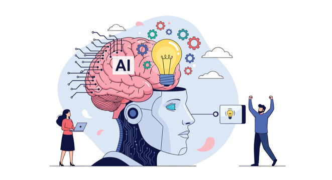 Giant robot head with a human brain and AI circuits reflecting the intersection of human creativity and artificial intelligence technology.