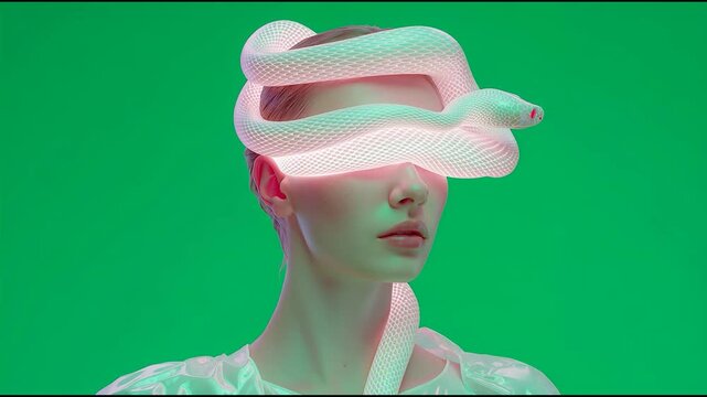 Surreal portrait of woman with abstract white form wrapping around eyes, futuristic concept of perception, identity and altered reality with vibrant green background
