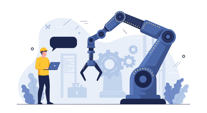 Industrial engineer using a laptop to program and control a large blue robotic arm for automation in a modern manufacturing plant.