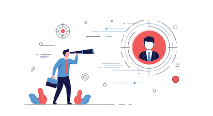 Naklejka premium Businessman with a telescope searching for the right candidate shown within a target representing recruitment and human resources.