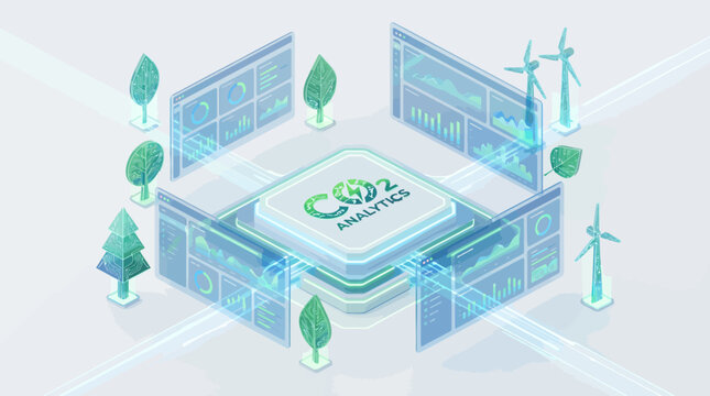 An isometric illustration of a CO2 analytics platform surrounded by data screens, trees, and wind turbines, symbolizing environmental monitoring and sustainable technology.