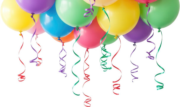 A festive arrangement of colorful balloons with curling streamers suspended against a white backdrop evoking celebration and joy party helium happy birthday event decoration