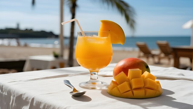 A refreshing glass of mango juice or cocktail with fresh mango slices on a white tablecloth against a beautiful tropical beach background.