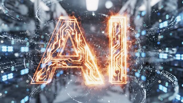 Dutch angle shot of golden glowing ai logo symbolizing advanced digital computing 4k video