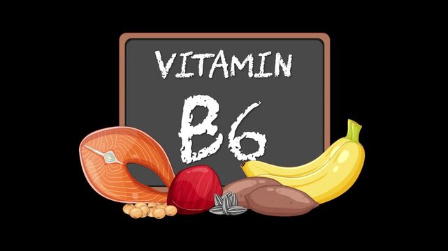 Animated educational illustration of vitamin B6 sources including salmon banana and sweet potato on blackboard background.