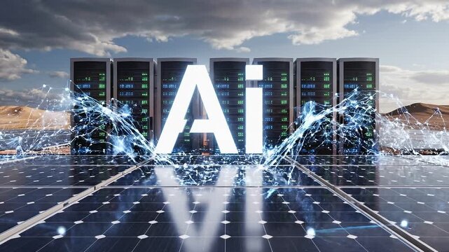 Glowing ai logo hovering above solar panels and server racks in a desert landscape 4k video