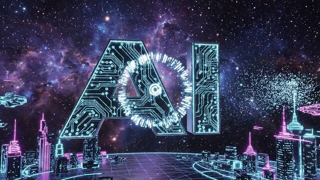 Futuristic ai circuit text logo floating above a glowing neon cityscape at night 4k video