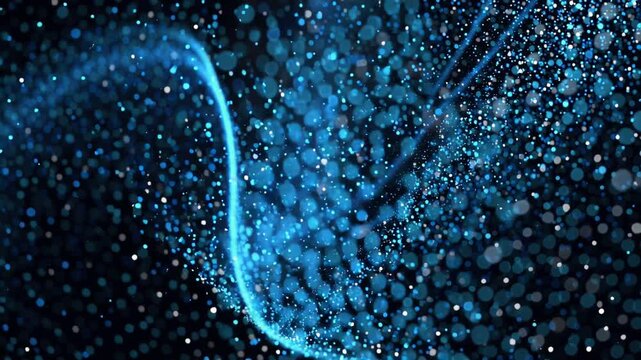 深い青の暗闇に渦巻く、デジタルデータの光の粒子