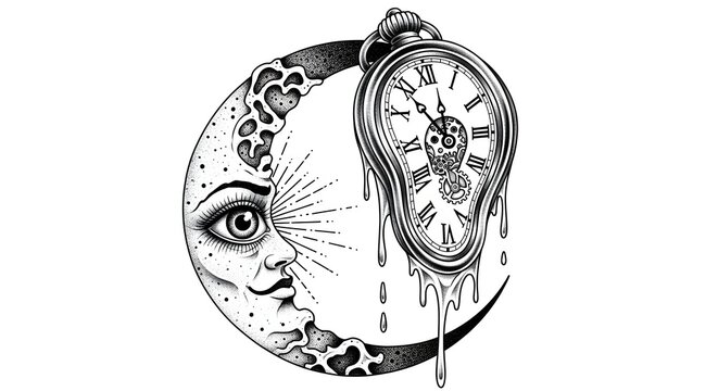 Melting clock covers moon face with eye in space