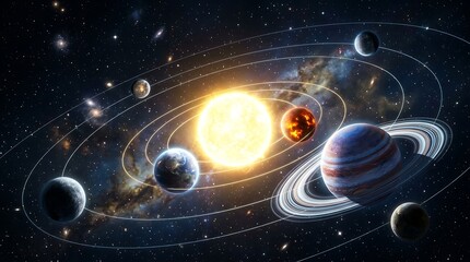 Obraz premium Solar system planets orbit sun in space with stars and celestial bodies visible